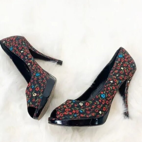 Aldo Red, Blue and Black Floral Poppy Peep Toe Heels 35 5 - Picture 5 of 8